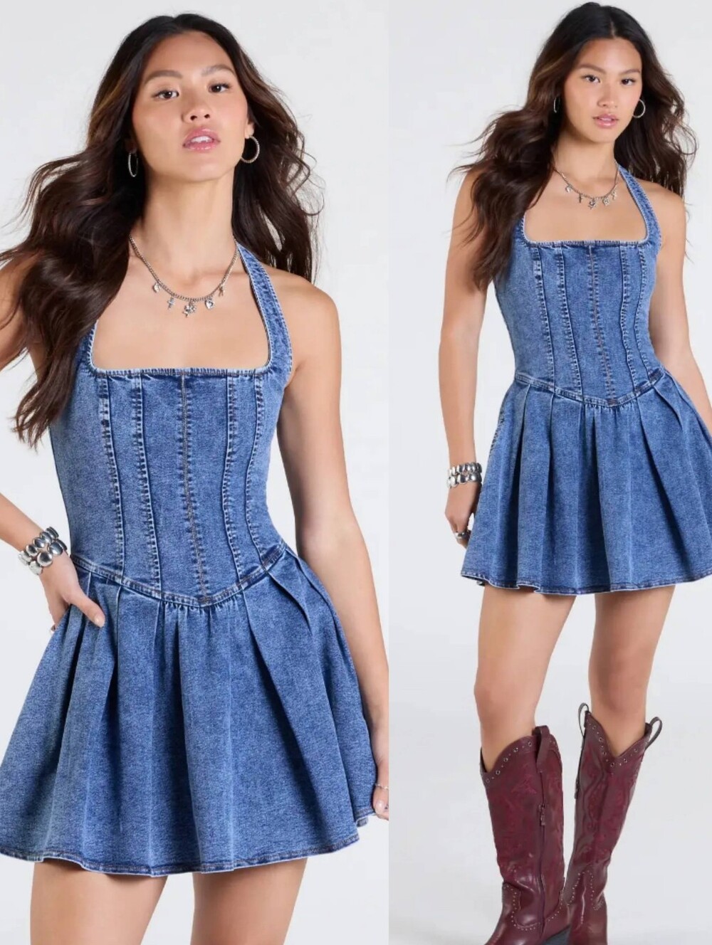 Windsor Darling Charm Halter Pleated Denim Mini Dress with Corset Details